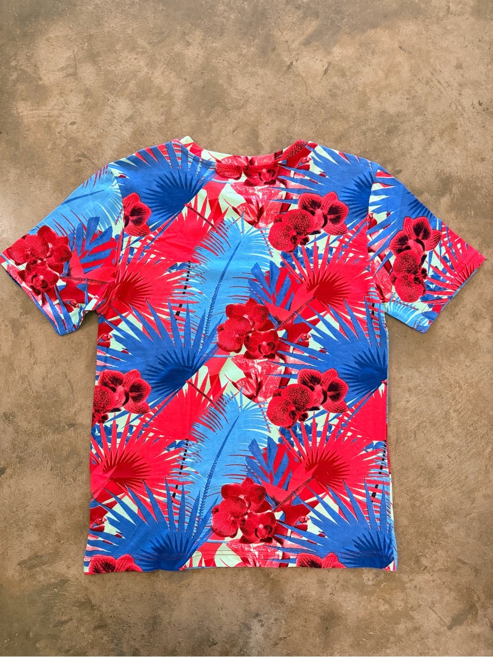 Vera Largo Tropical Floral Palm Print Tee Bright Blue Red Size S - Picture 3 of 6